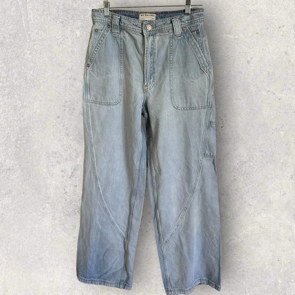 We The Free People Womens 27 Light Wash Haywire High Rise Cargo Jeans Wide Leg 4